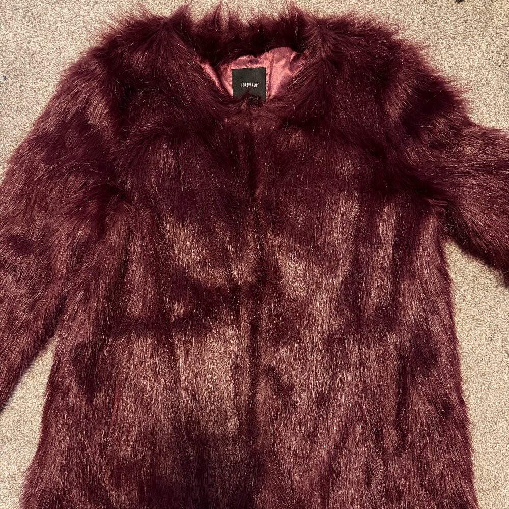 Forever 21 Faux Fur Jacket – Burgundy Plush Coat, Size Large
